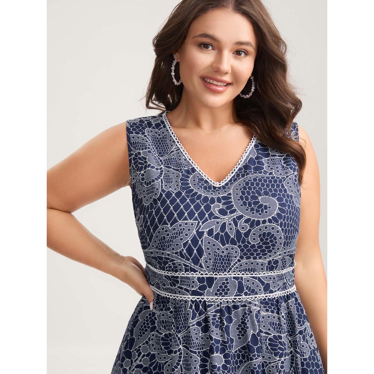 Plus Size Lace-Like Print Cinched-Waist Midi Dress Navy Women V-neck Sleeveless Curvy BloomChic 26/4X Product Image