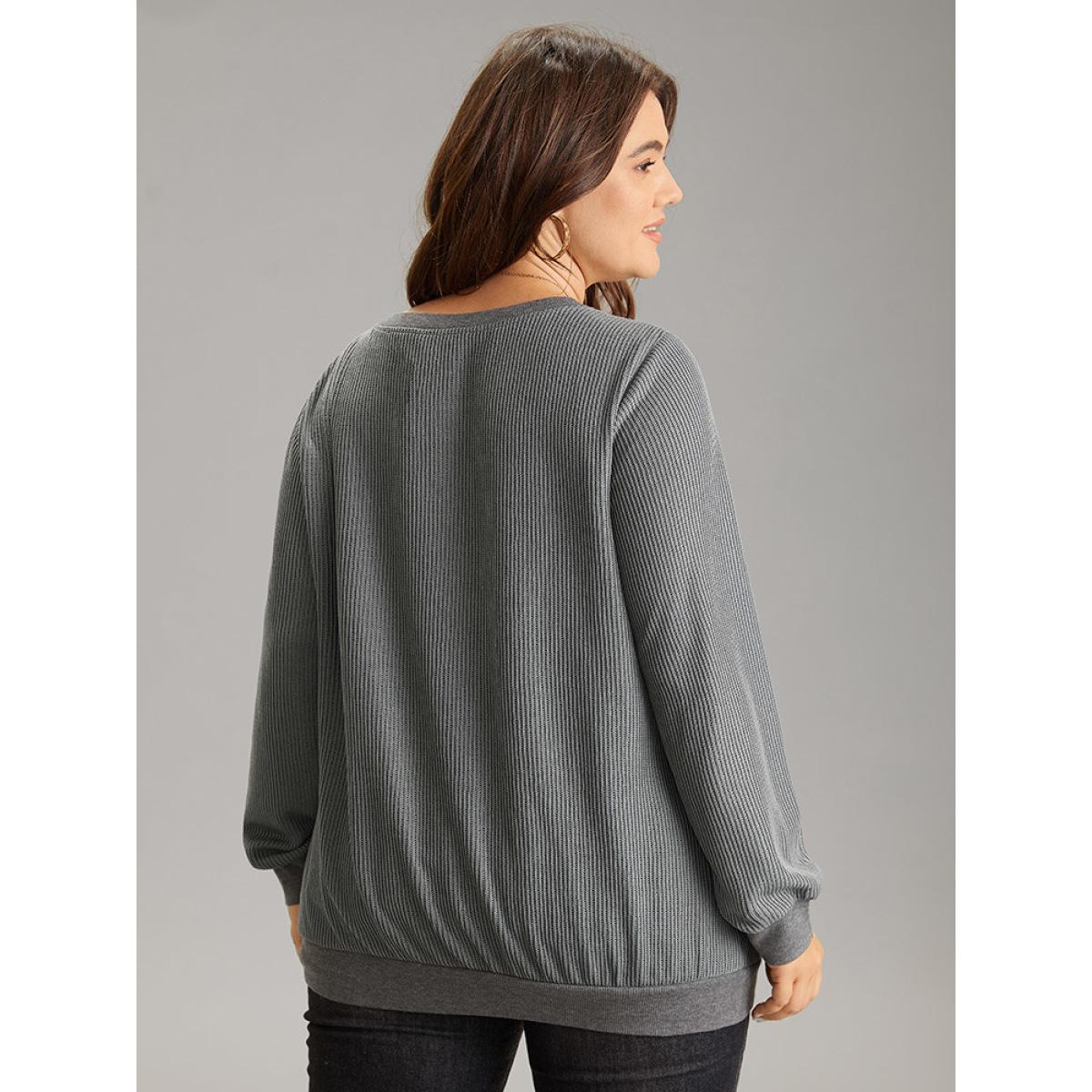 Plus Size Plisse Solid Elastic Hem Crew Neck Sweatshirt Women Gray Casual Rib Knit Round Neck Everyday Sweatshirts BloomChic 18-20/2X Product Image
