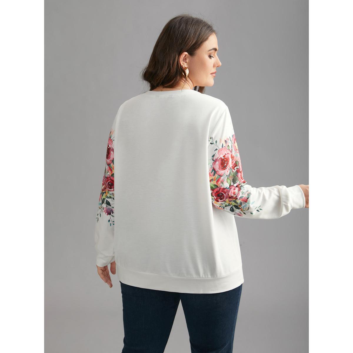 Plus Size Watercolor Floral Print Round Neck Sweatshirt Women WhiteSmoke Elegant Contrast Loose Round Neck Everyday Sweatshirts BloomChic 12/L Product Image