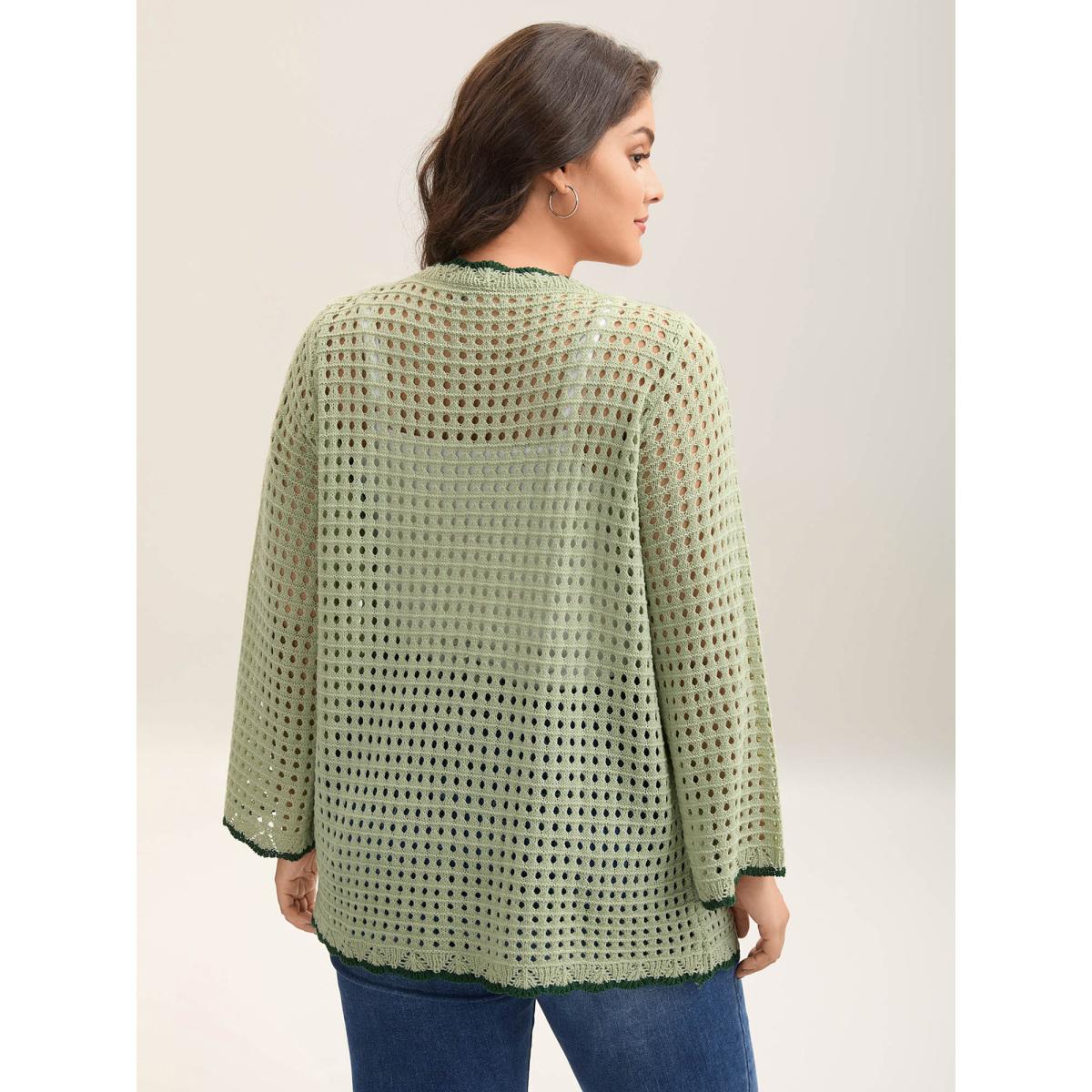 Plus Size Contrast Hem Front Mid Tie Knit Cardigan LightGreen Women Casual Loose Long Sleeve Everyday-Casual Cardigans BloomChic 22-24/3X Product Image