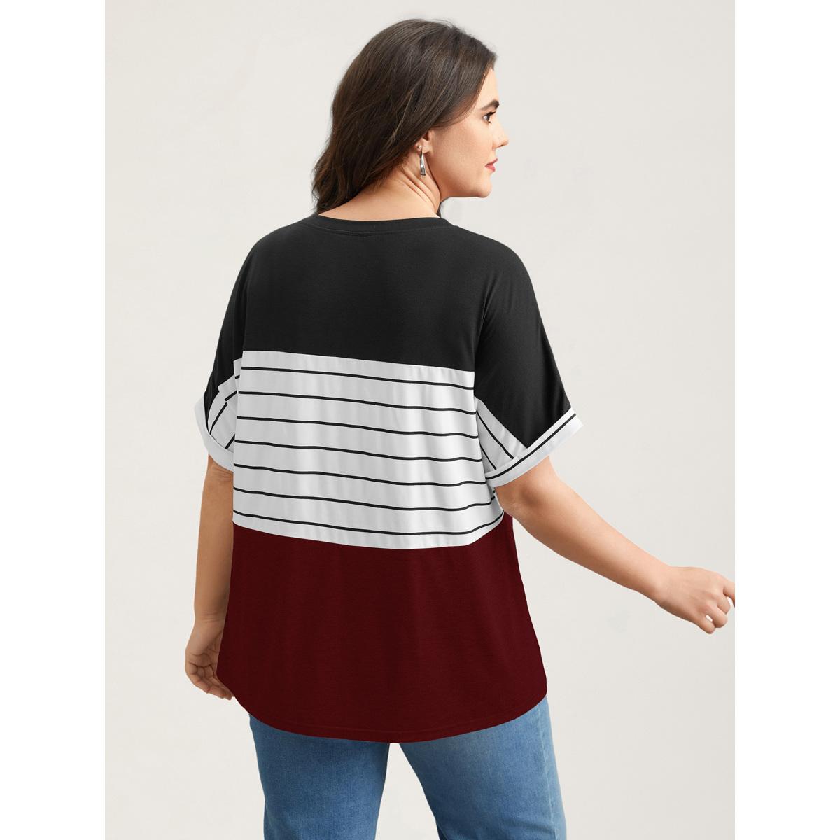 Plus Size Color-Block Stretchy Stripes T-Shirt Scarlet Women Casual Contrast Round Neck Everyday T-shirts BloomChic 10/M Product Image