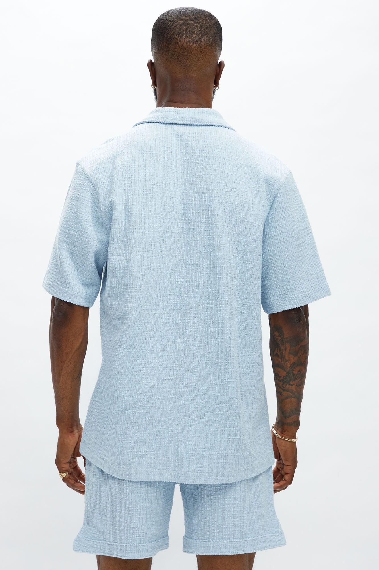 Dean Textured Short Sleeve Button Up Shirt - Light Blue Product Image