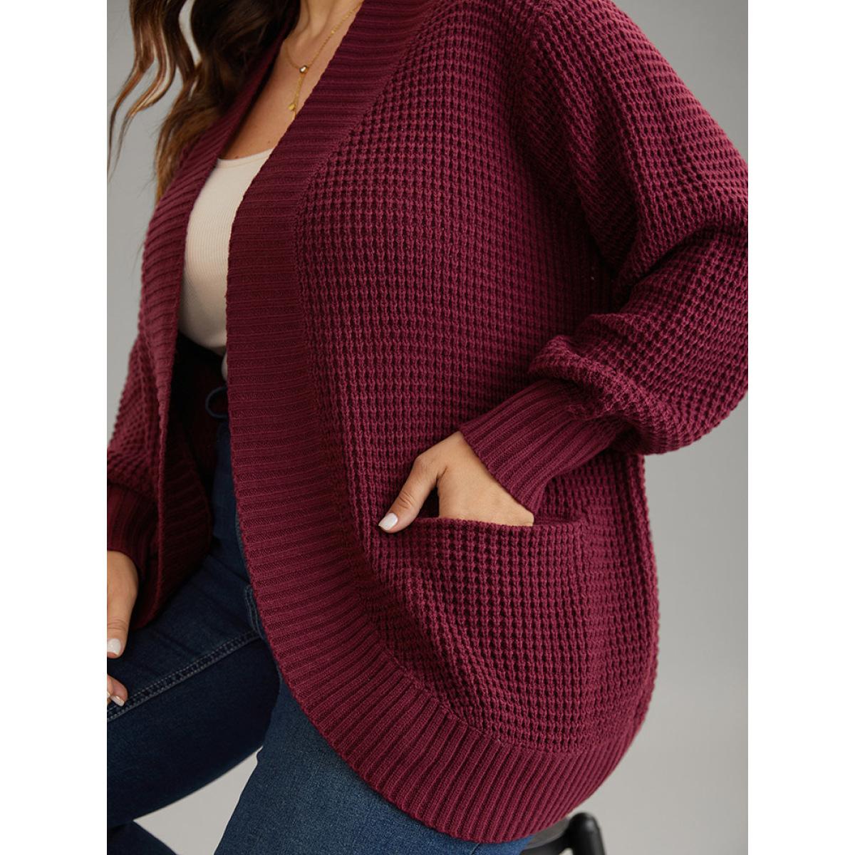 Plus Size Plisse Patched Pocket Curved Hem Open Front Cardigan Burgundy Women Casual Loose Long Sleeve Everyday Cardigans BloomChic 30/6X Product Image