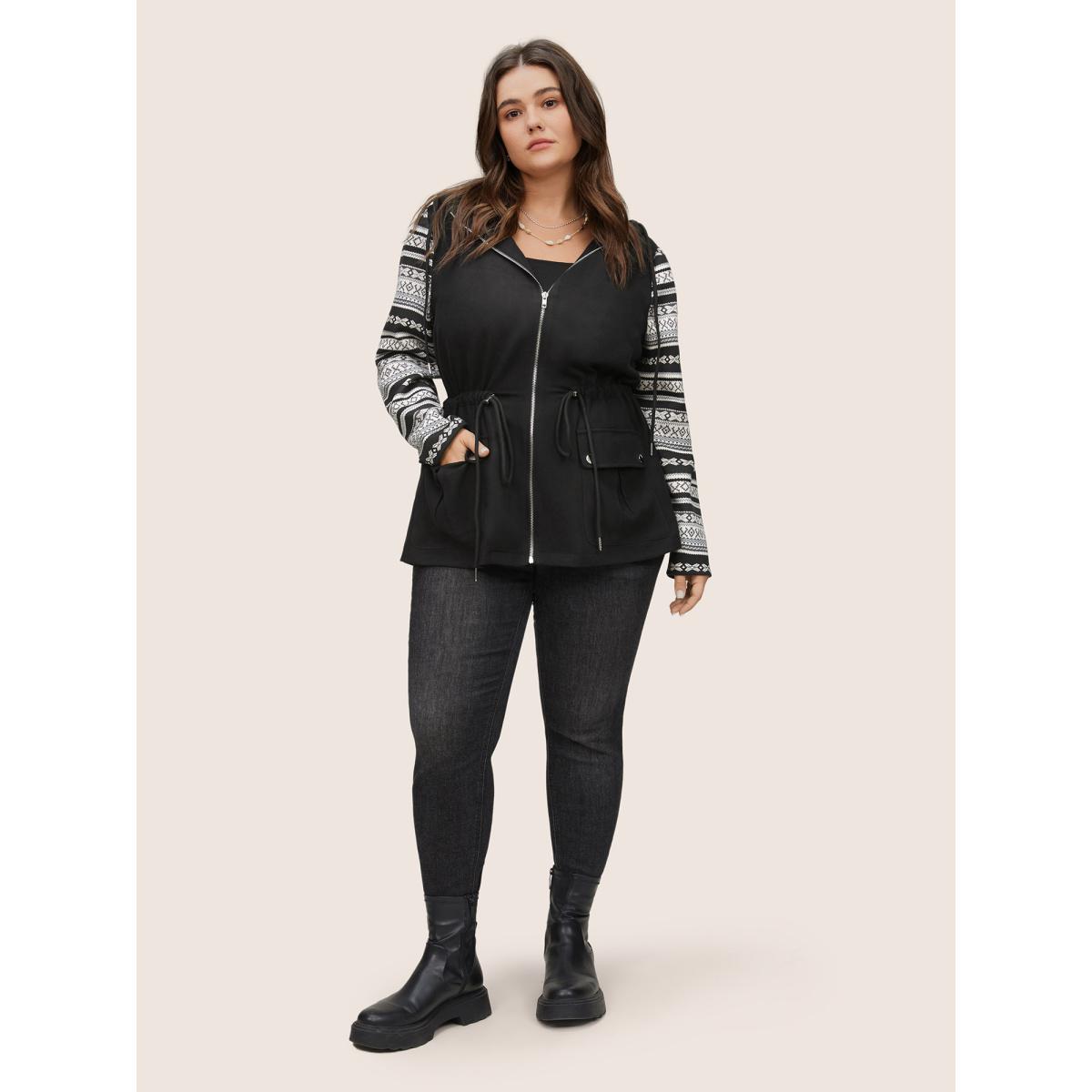 Plus Size Geometric Drawstring Patchwork Hooded Jacket Women Black Non Open pocket with flap Everyday Jackets BloomChic 18-20/2X Product Image