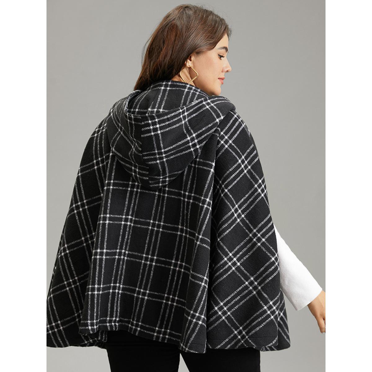 Plus Size Plaid Buckle Detail Pocket Hooded Cape Coat Women Black Casual Contrast Loose Ladies Dailywear Winter Coats BloomChic 28/5X Product Image