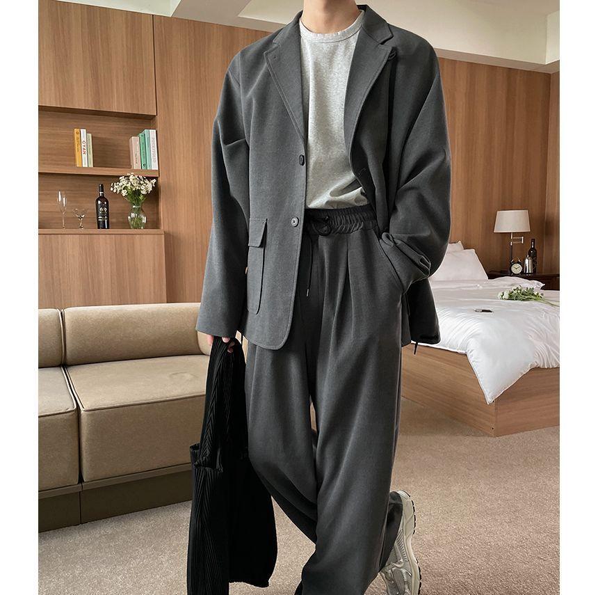 Button-Up Plain Blazer / High Waist Dress Pants Product Image