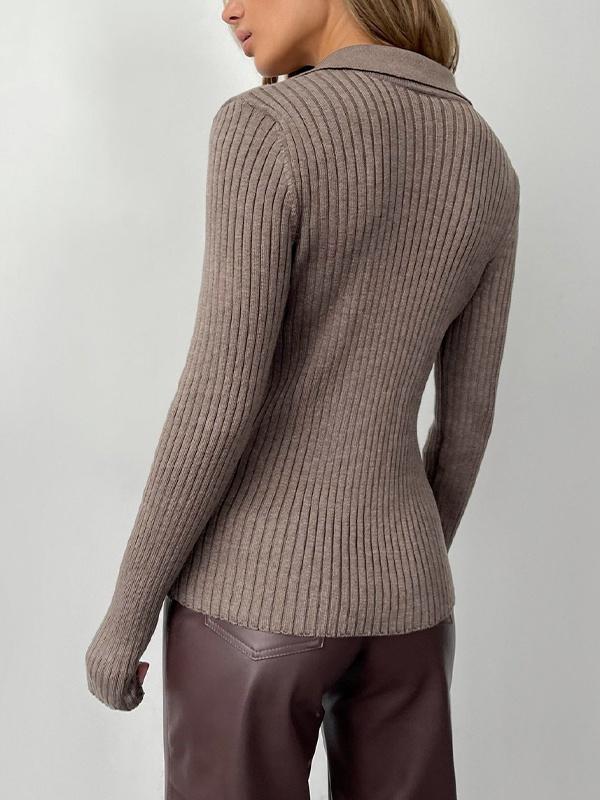 Solid Color Ribbed Polo Neck Sweater Product Image
