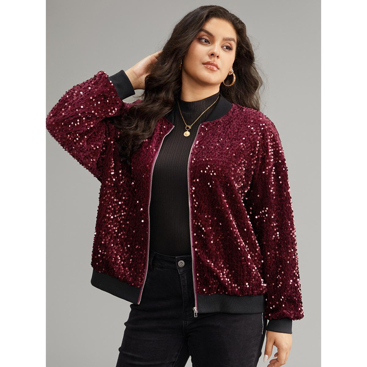 Plus Size Sequin Zipper Patchwork Contrast Bomber Jacket Women Burgundy Contrast Dailywear Jackets BloomChic 18-20/2X Product Image