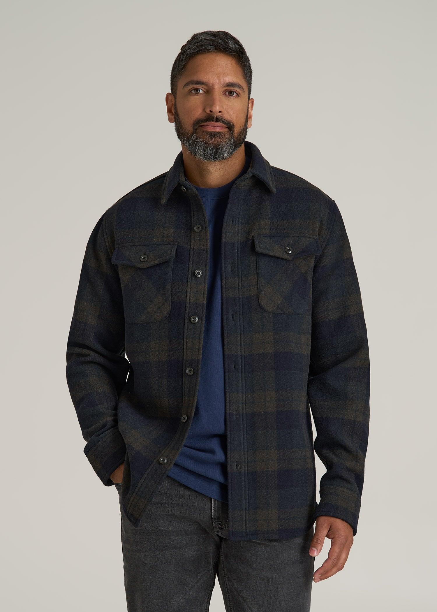 LJ&S Wool Blend Shirt Jacket for Tall Men in Green and Navy Plaid Male Product Image