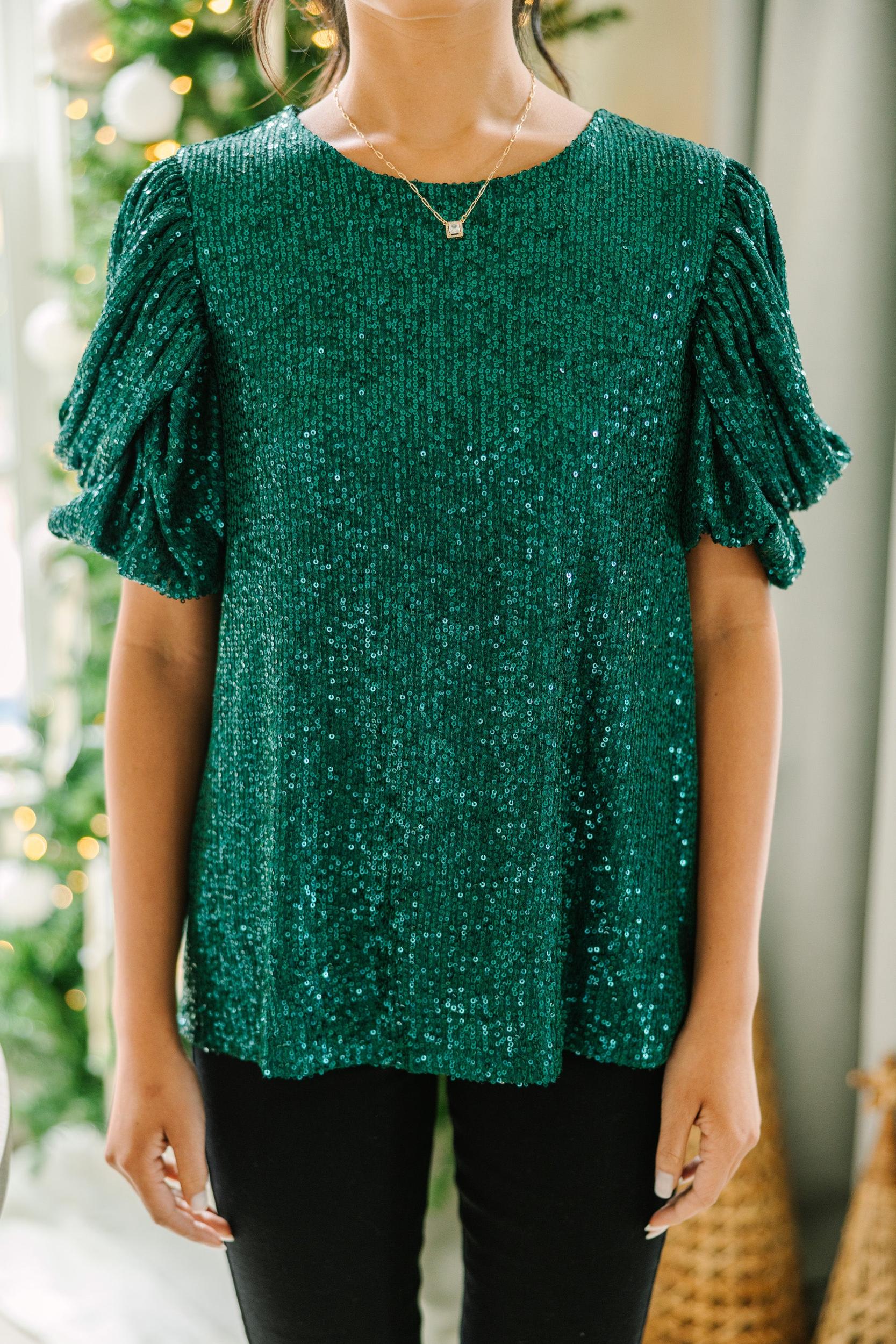 Ready To Shine Forest Green Sequin Blouse Female Product Image