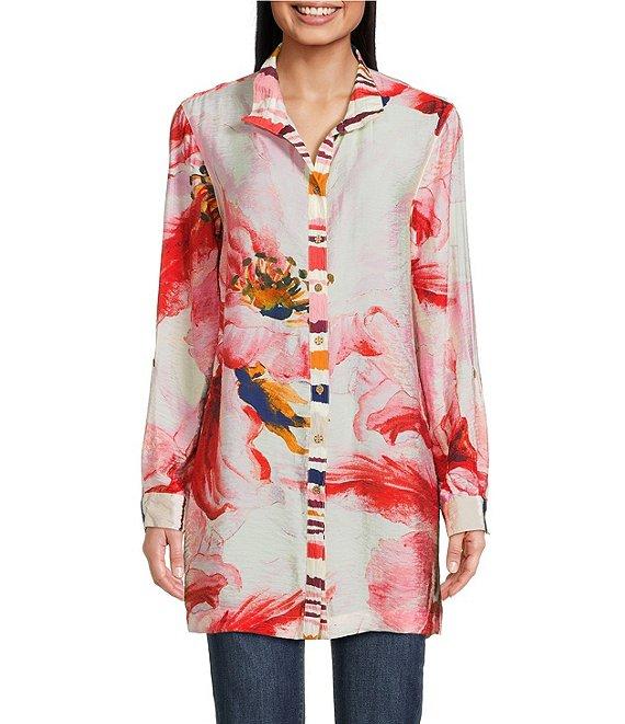 John Mark Floral Wire Collar Long Roll-Tab Sleeve Hi-Low Hem Button-Front Tunic Product Image