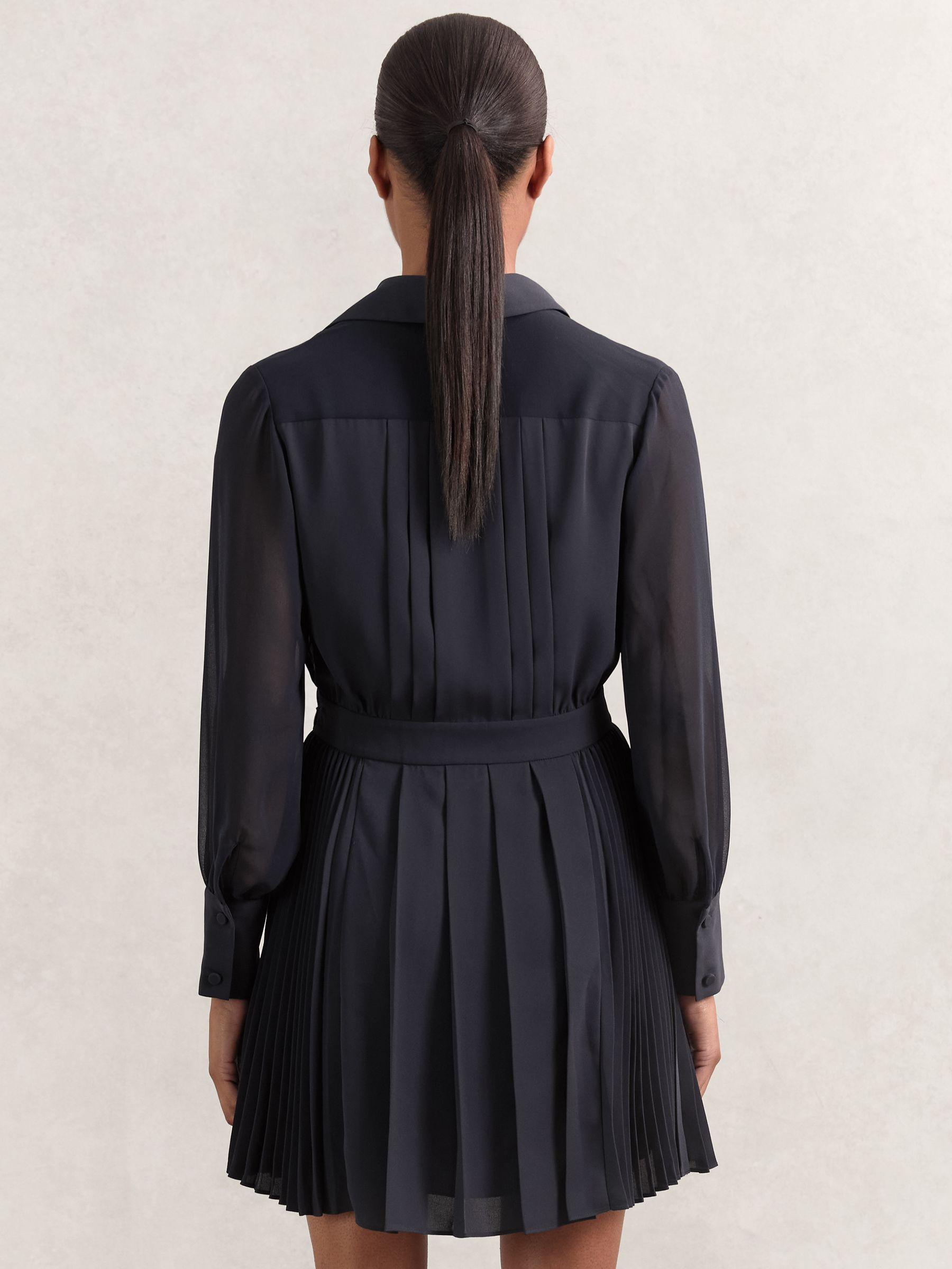 Pleated Sheer-Sleeve Mini Dress in Navy Product Image