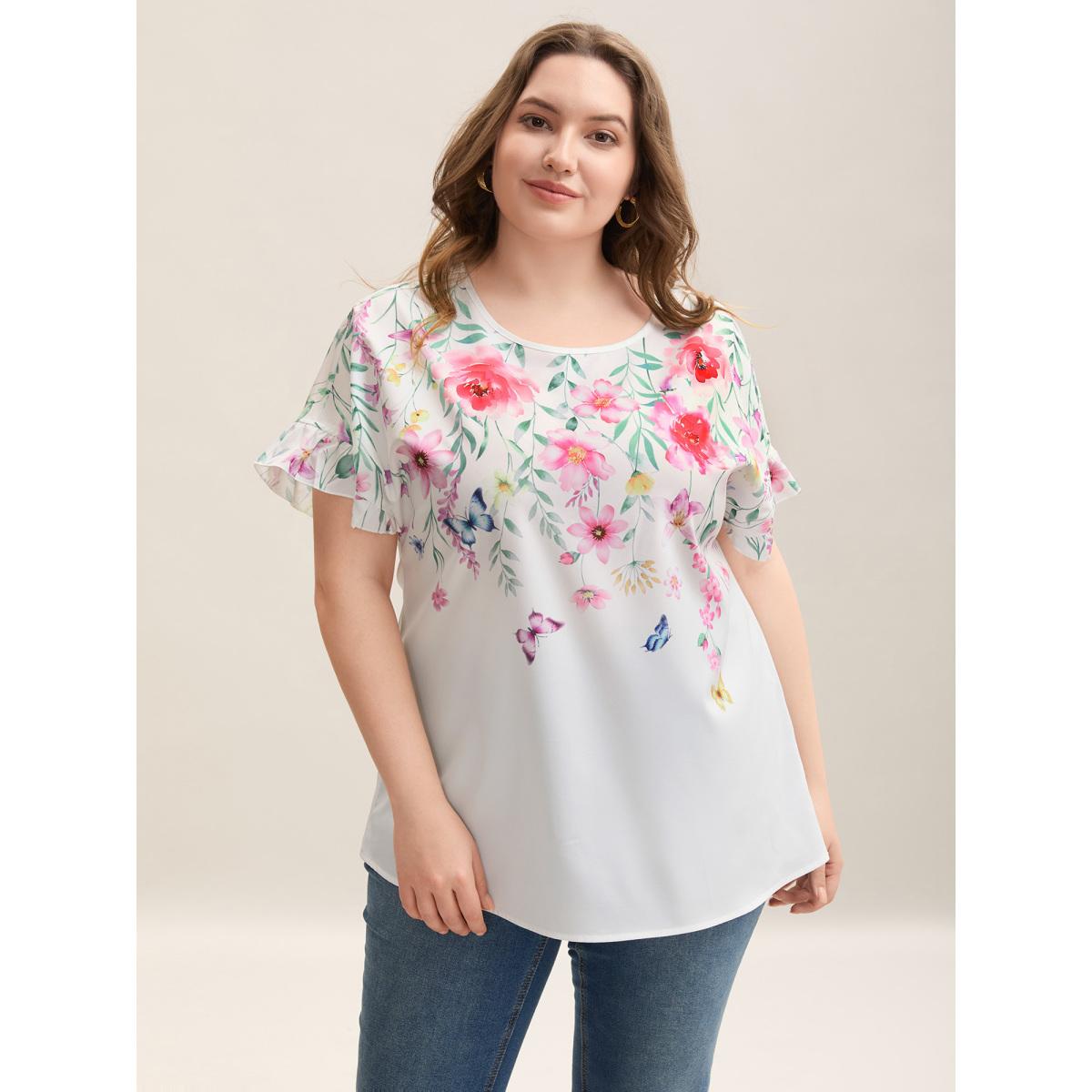 Plus Size Opticwhite Floral Bodice Round Neck Flared Blouse Women Elegant Short sleeve Round Neck Everyday-Elegant Blouses BloomChic 10/M Product Image