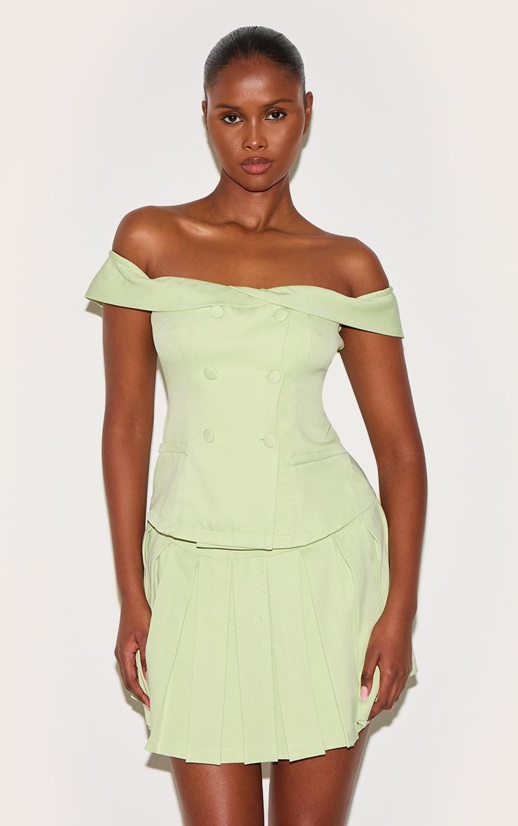 Pale Lime Tailored Button Detail Bardot Pleated Skort Romper Product Image