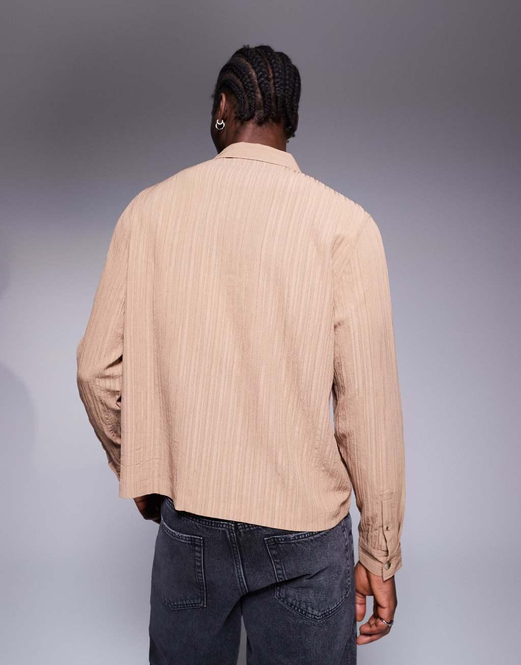 ASOS DESIGN boxy textured regular shirt in neutral Product Image