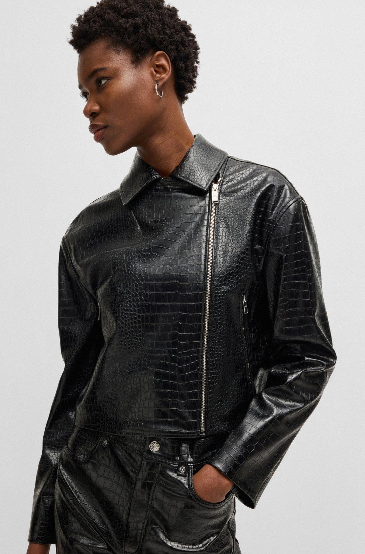 Crocodile-embossed biker jacket in faux leather Product Image