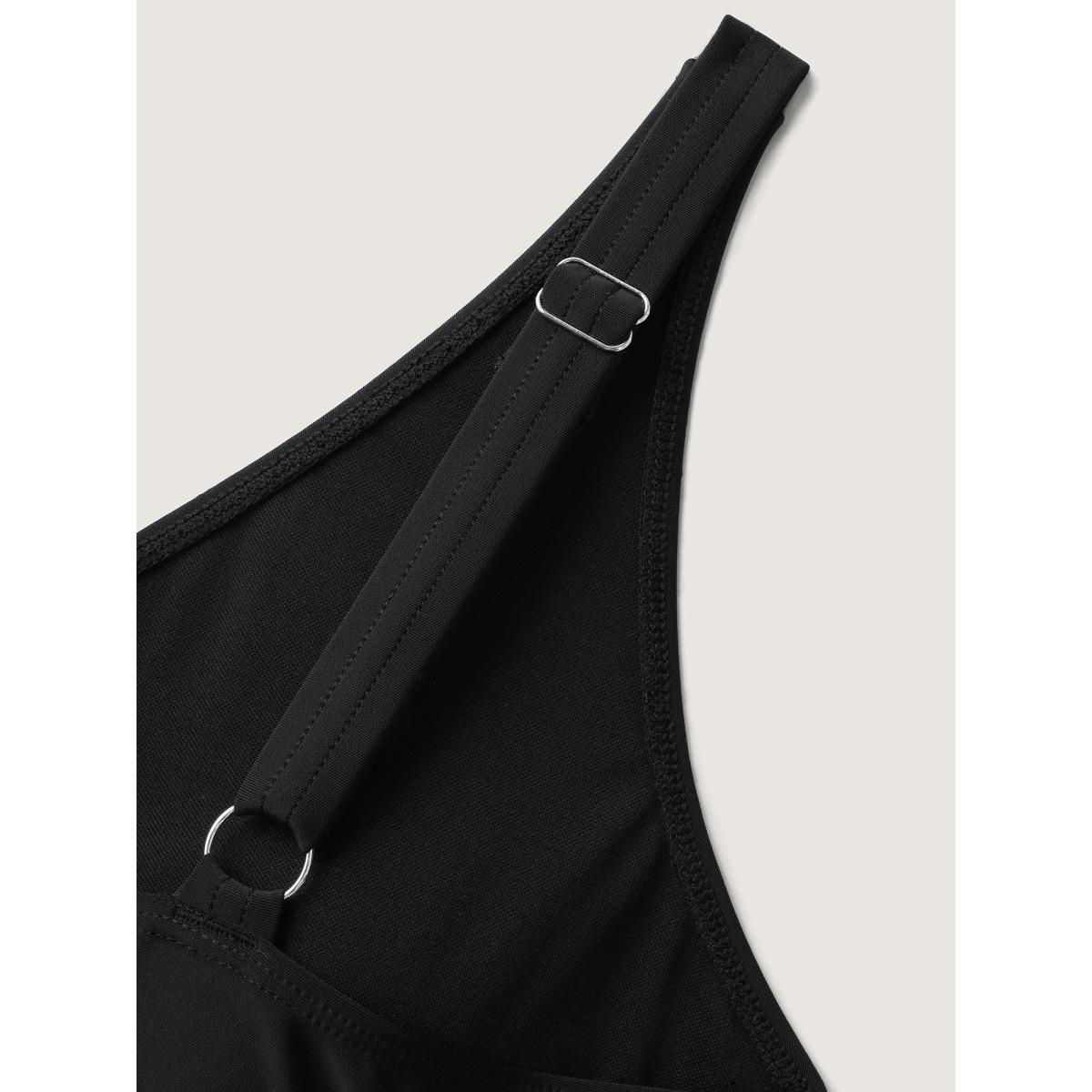 Plus Size Keyhole Metal Detail Solid Swim Top Women's Swimwear Black Resort Gathered High stretch Skinny V-neck Curve Swim Tops BloomChic 14-16/1X Product Image