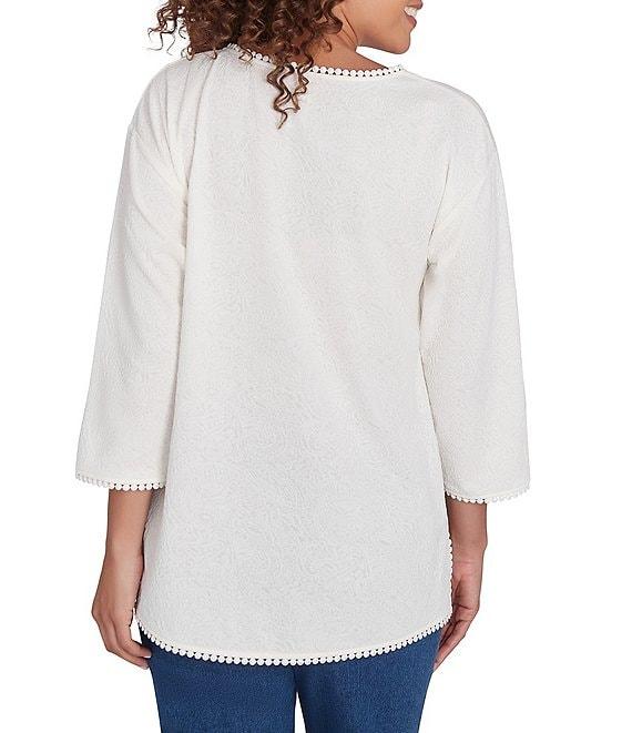 Ruby Rd. Jacquard Knit Lace Edge Detail Scoop Neck 3/4 Sleeve Top Product Image