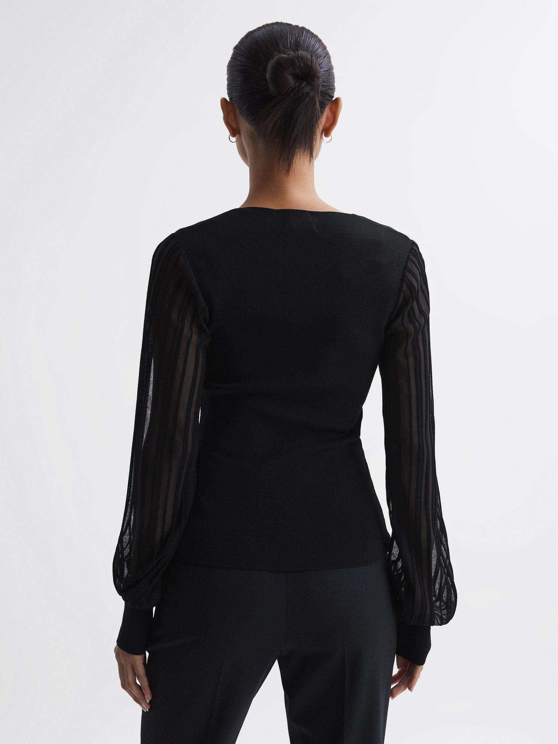 Sheer Sleeve V-Neck Top in Black Product Image