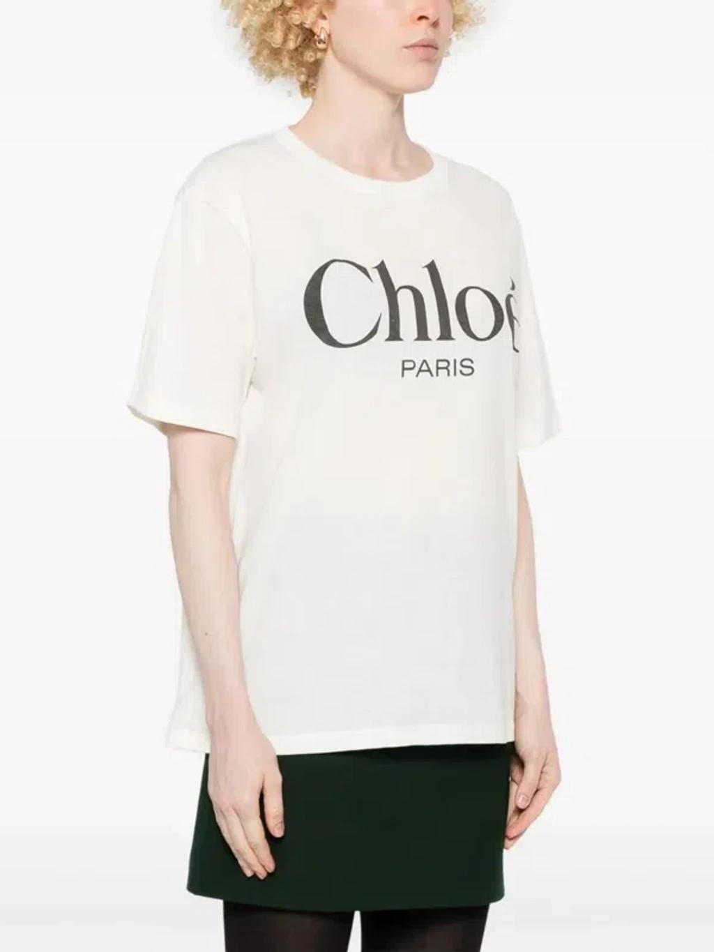 CHLOÉ White Crewneck T-shirt With Logo Print On The Front In Cotton Woman Product Image