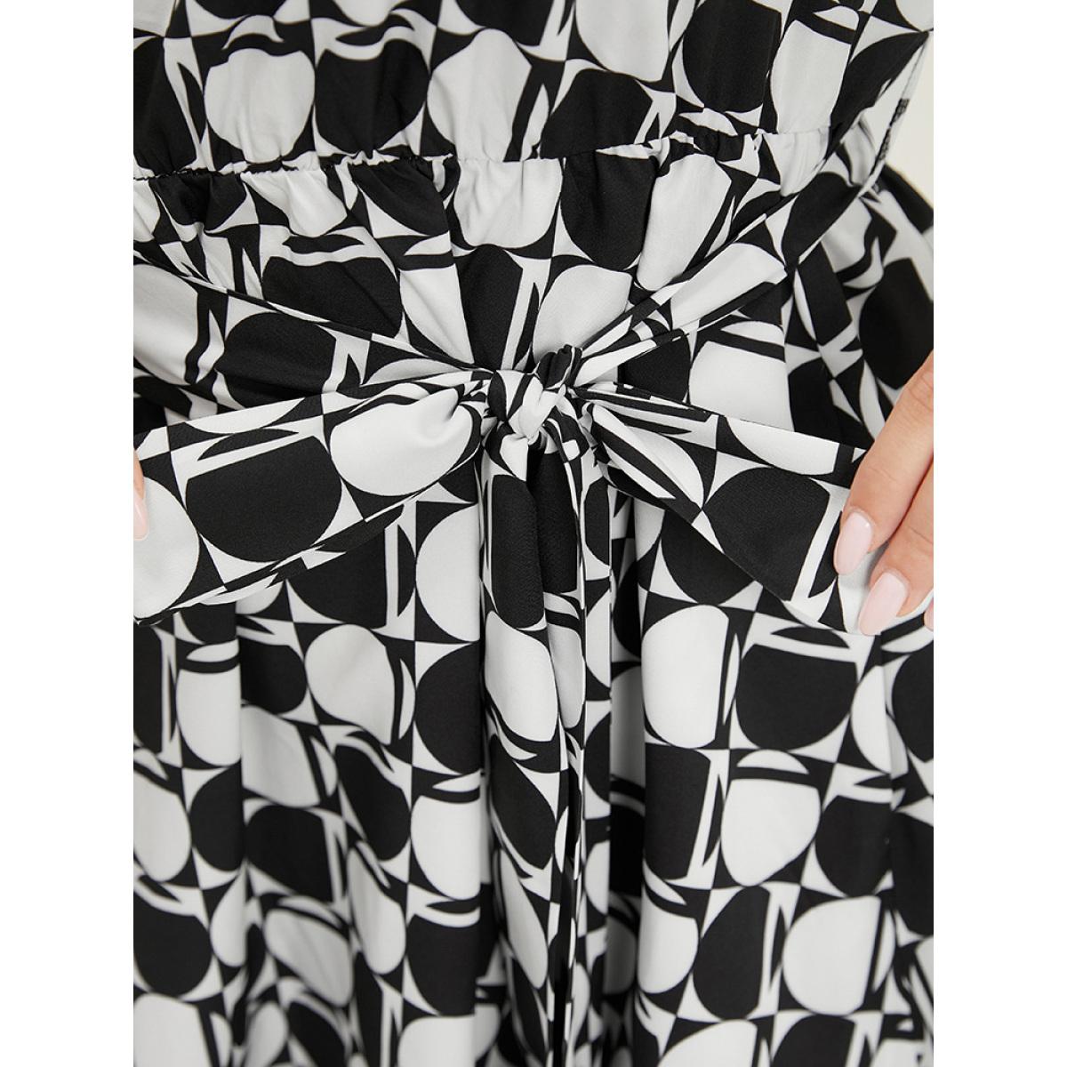 Plus Size Geometric Print Pocket Belted V Neck Dress Multicolor Women Elegant Contrast V-neck Short sleeve Curvy Knee Dress BloomChic 14-16/1X Product Image