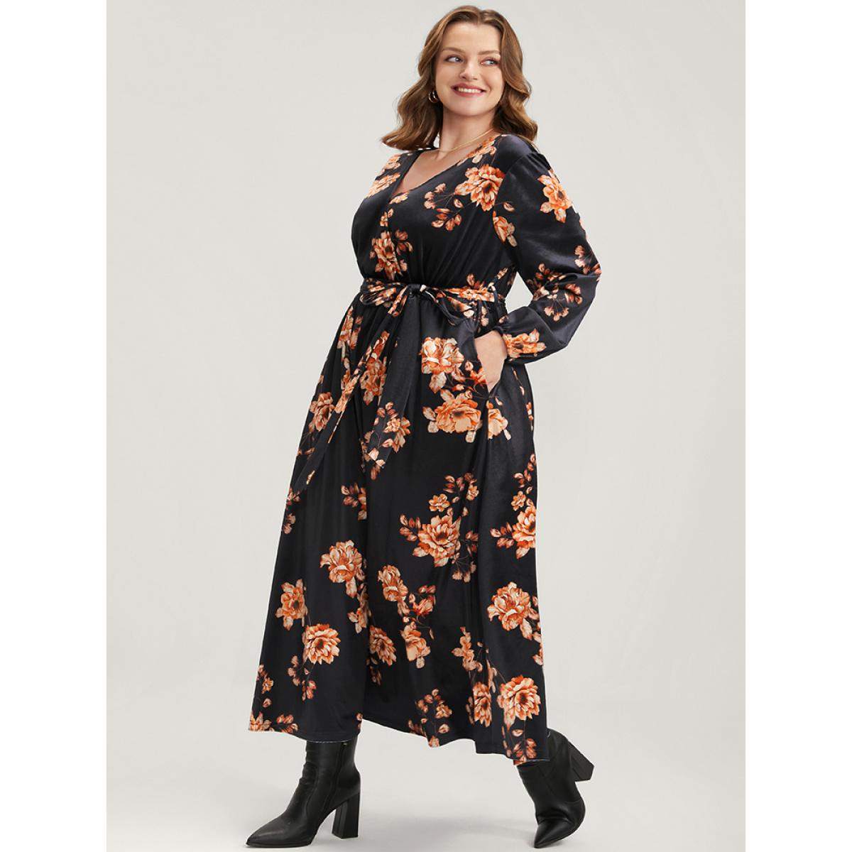 Plus Size Floral Lantern Sleeve Belted Surplice Neck Velvet Maxi Dress Black Women Elegant Cross straps V-neck Long Sleeve Curvy Long Dress BloomChic 14-16/1X Product Image