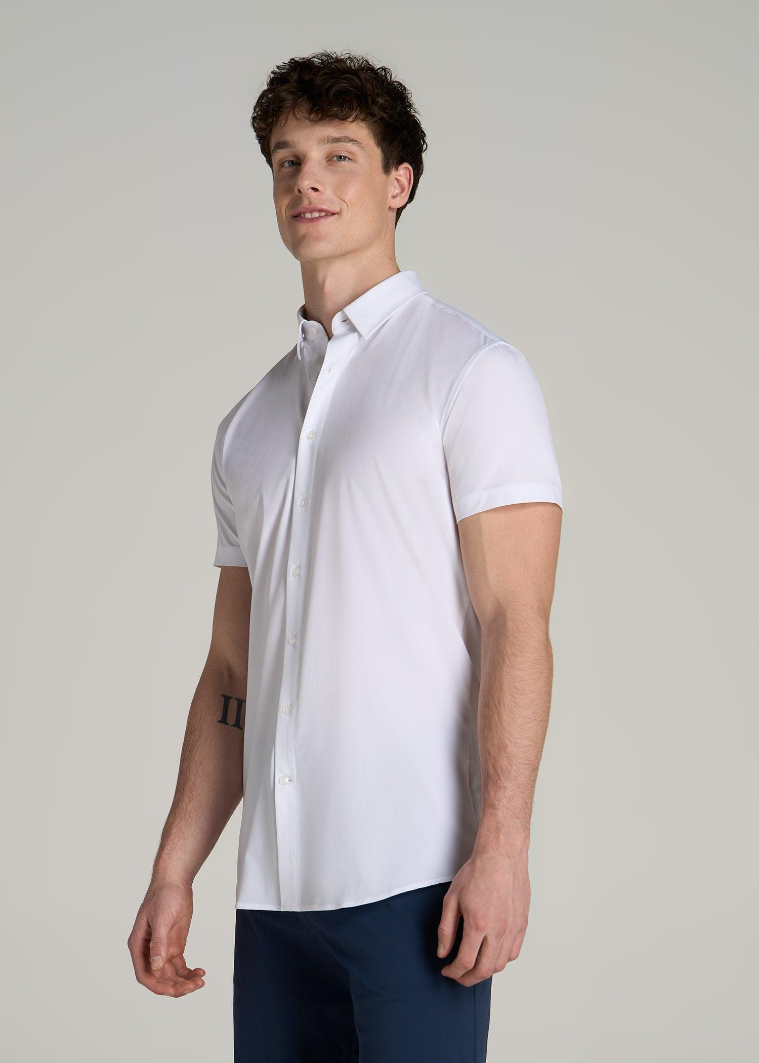 Short Sleeve Traveler Stretch Button Shirt for Tall Men in Bright White Male Product Image