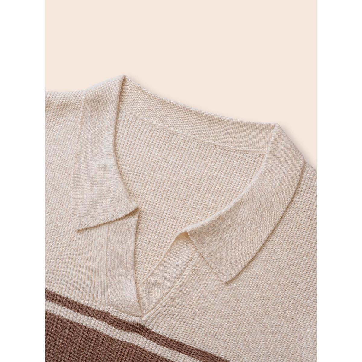 Plus Size Colorblock Contrast Striped Polo Neck Pullover Beige Women Casual Long Sleeve Polo Everyday Pullovers BloomChic 14-16/1X Product Image