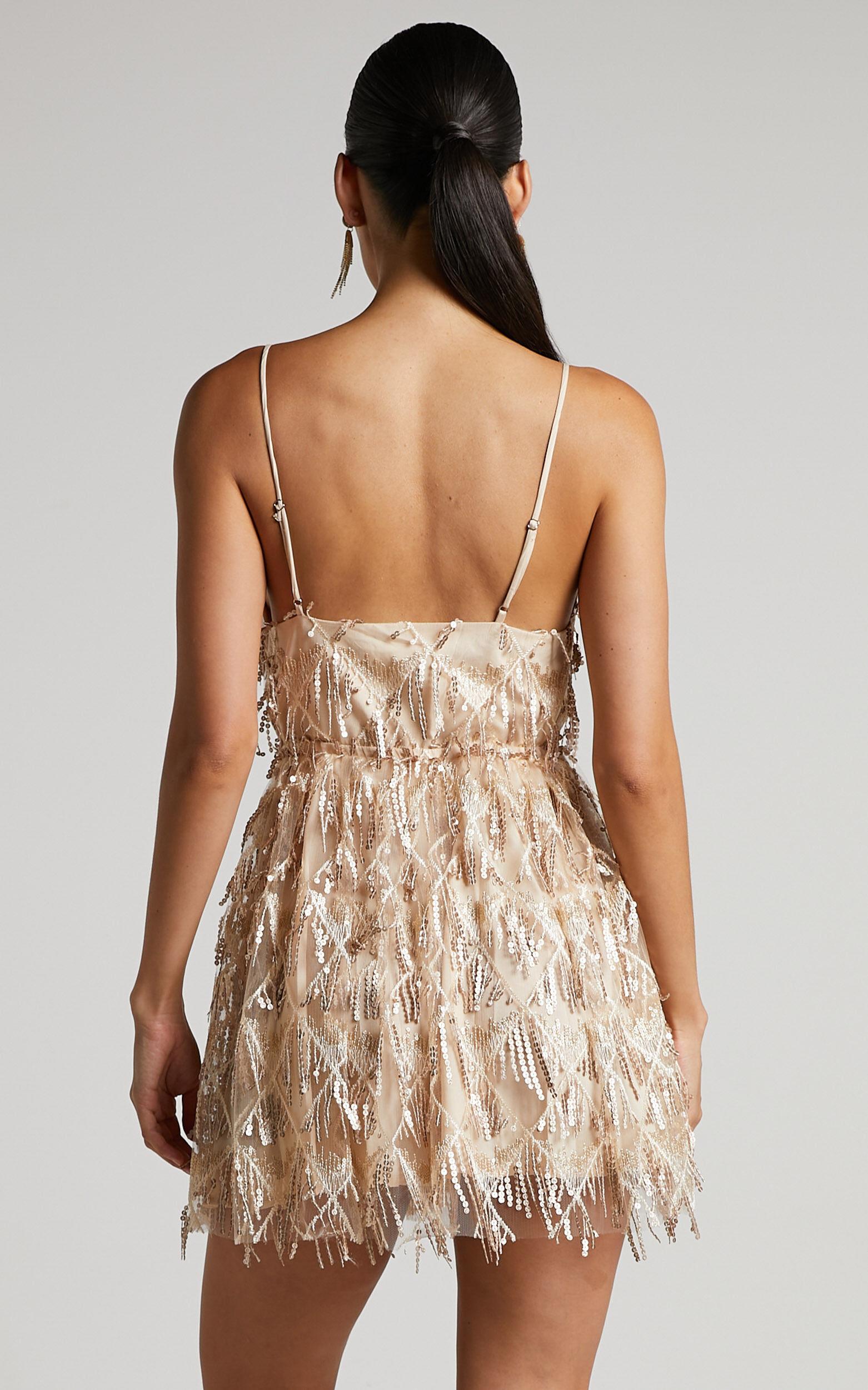 Khrizza Mini Dress - Sequin Gathered Dress in Gold Product Image