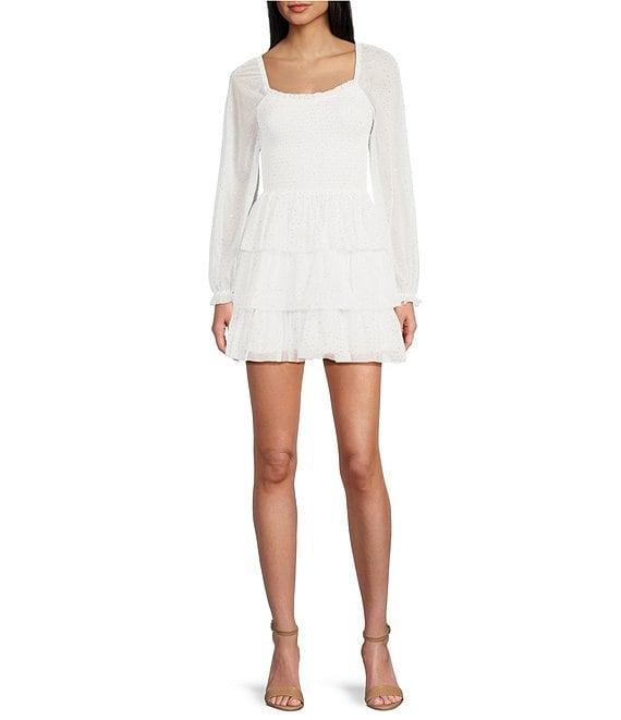 Midnight Doll Glitter Dot Long Sleeve Square Neck Bodice Tiered Dress Product Image