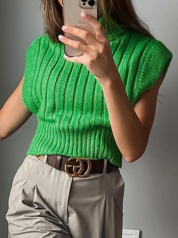 Solid Ribbed High Neck Short Sweater Vest Product Image