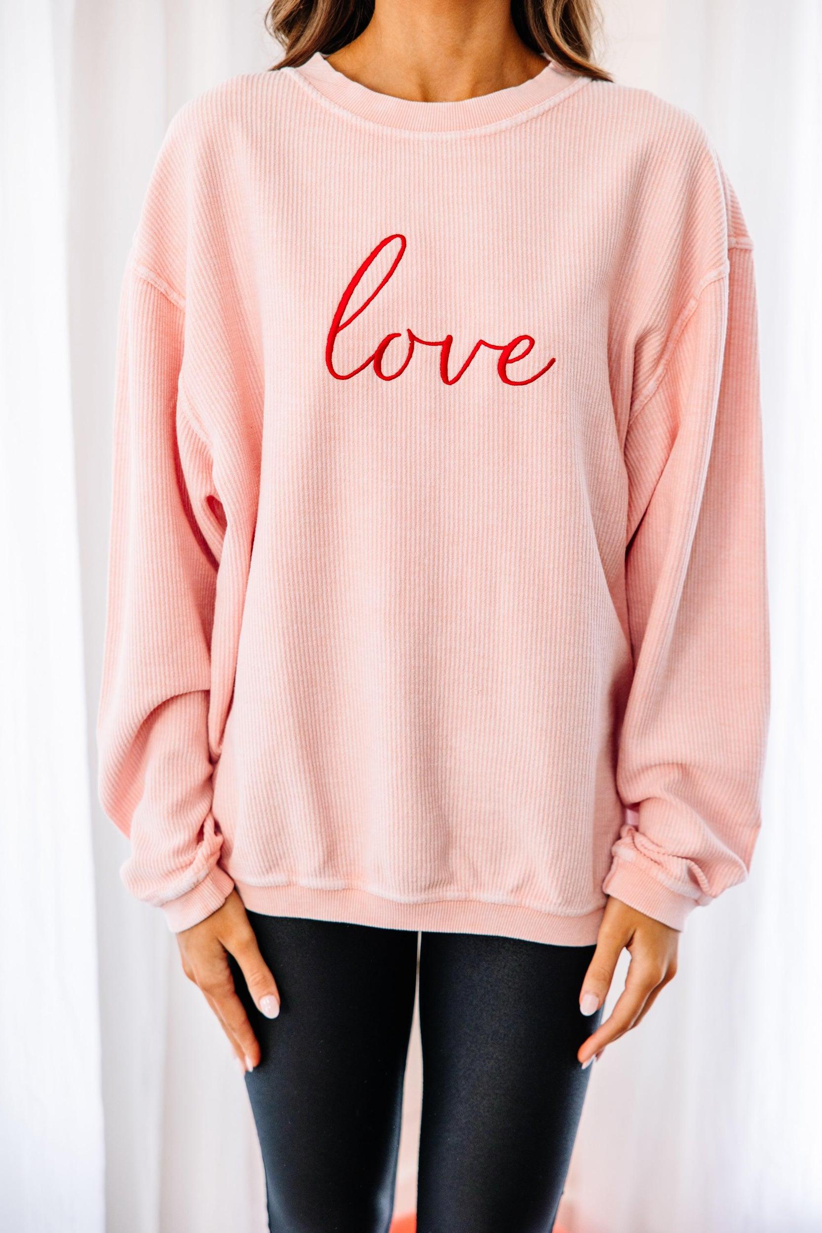 Simple Love Blush Pink Embroidered Corded Sweatshirt Female Product Image