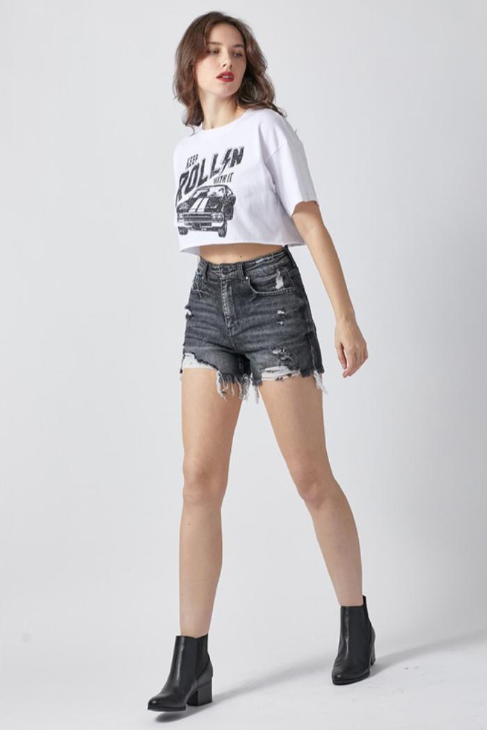 HIGH RISE DISTRESSED SHORTS Product Image