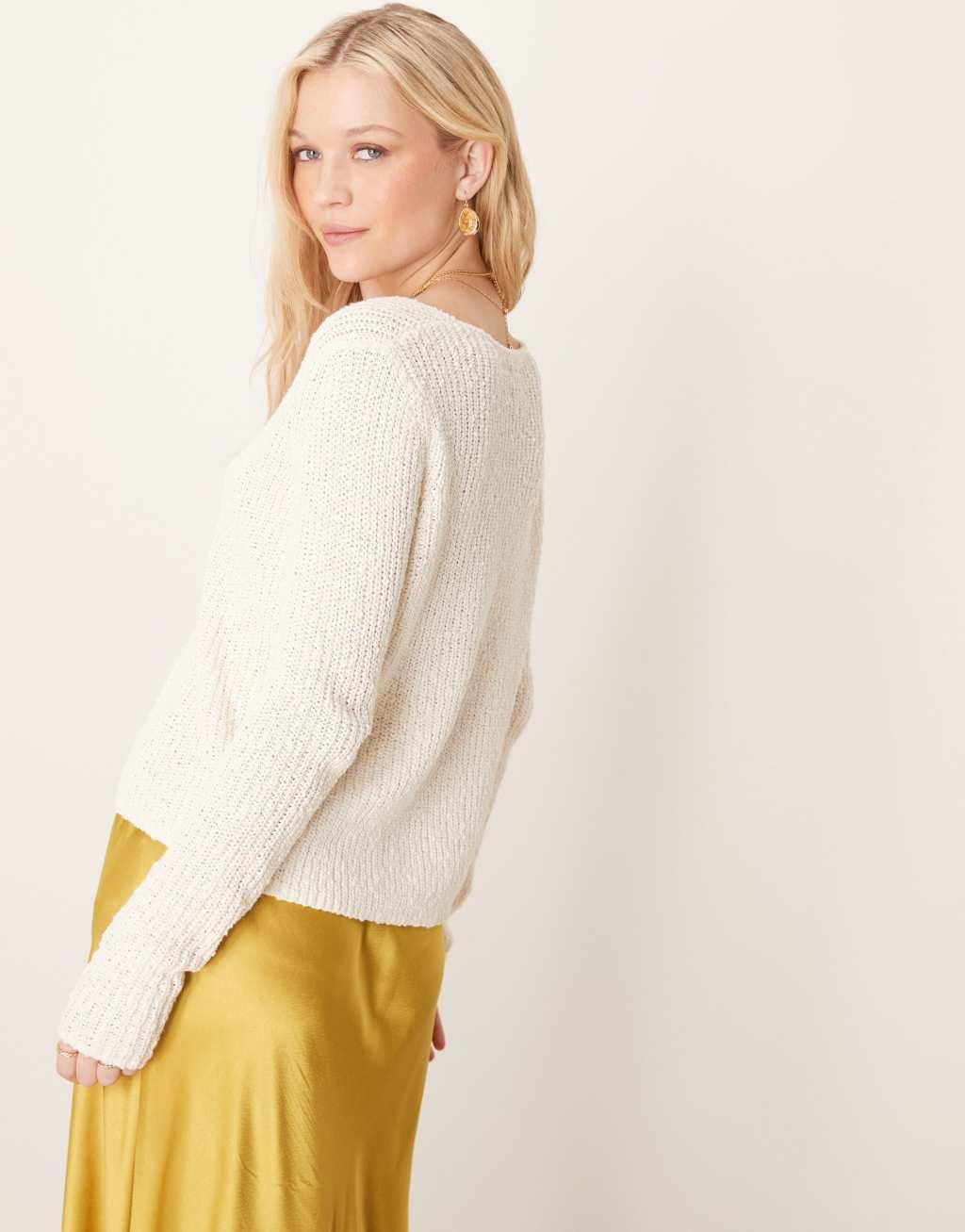 ASOS DESIGN knitted hook and eye split front cardigan in textured yarn in cream Product Image