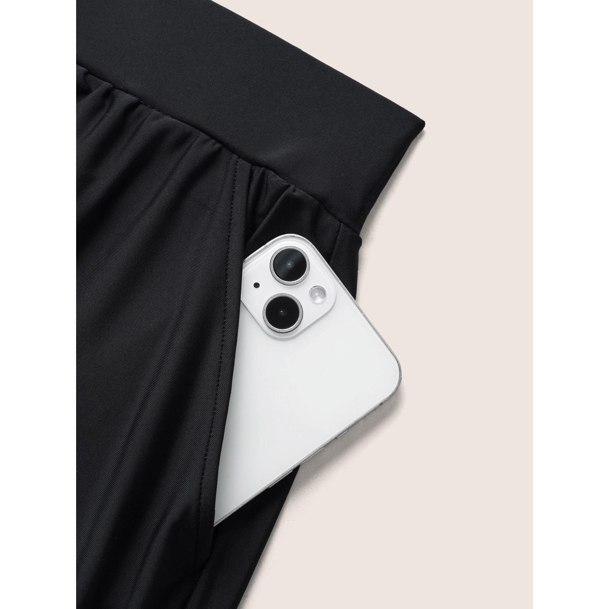 Plus Size Contrast Webbing Elastic Waist Pocket Swim Bottom Women's Swimwear Black Beach Woven ribbon&lace trim High stretch Bodycon High Rise Side seam pocket Curve Swim Bottoms BloomChic 14-16/1X Product Image