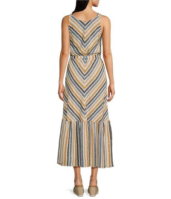 Charlie B. Linen Blend Stripe Print V-Neck Sleeveless Maxi A-Line Dress Product Image