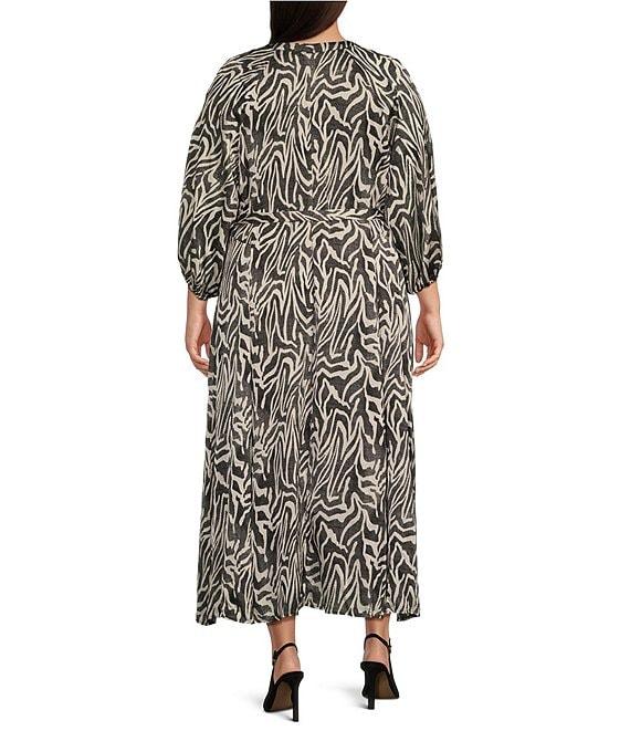 Vince Camuto Plus Size Wild Zebra Print Satin Yoryu V-Neck 3/4 Sleeve Belted A-Line Midi Dress Product Image