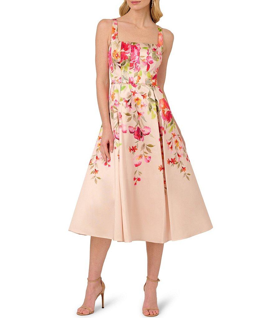 Adrianna Papell Square Neck Sleeveless Floral Print Mikado Midi Dress Product Image