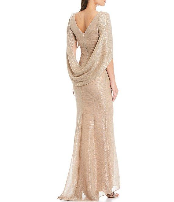 Betsy & Adam Petite Size Draped Back 3/4 Cape Sleeve Round Neck Metallic Crinkled Ruched Sheath Gown Product Image