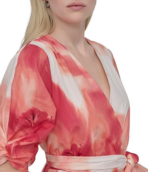 DKNY by Donna Karan Short Sleeve Abstract Floral Print Chiffon Faux Wrap Midi Dress Product Image