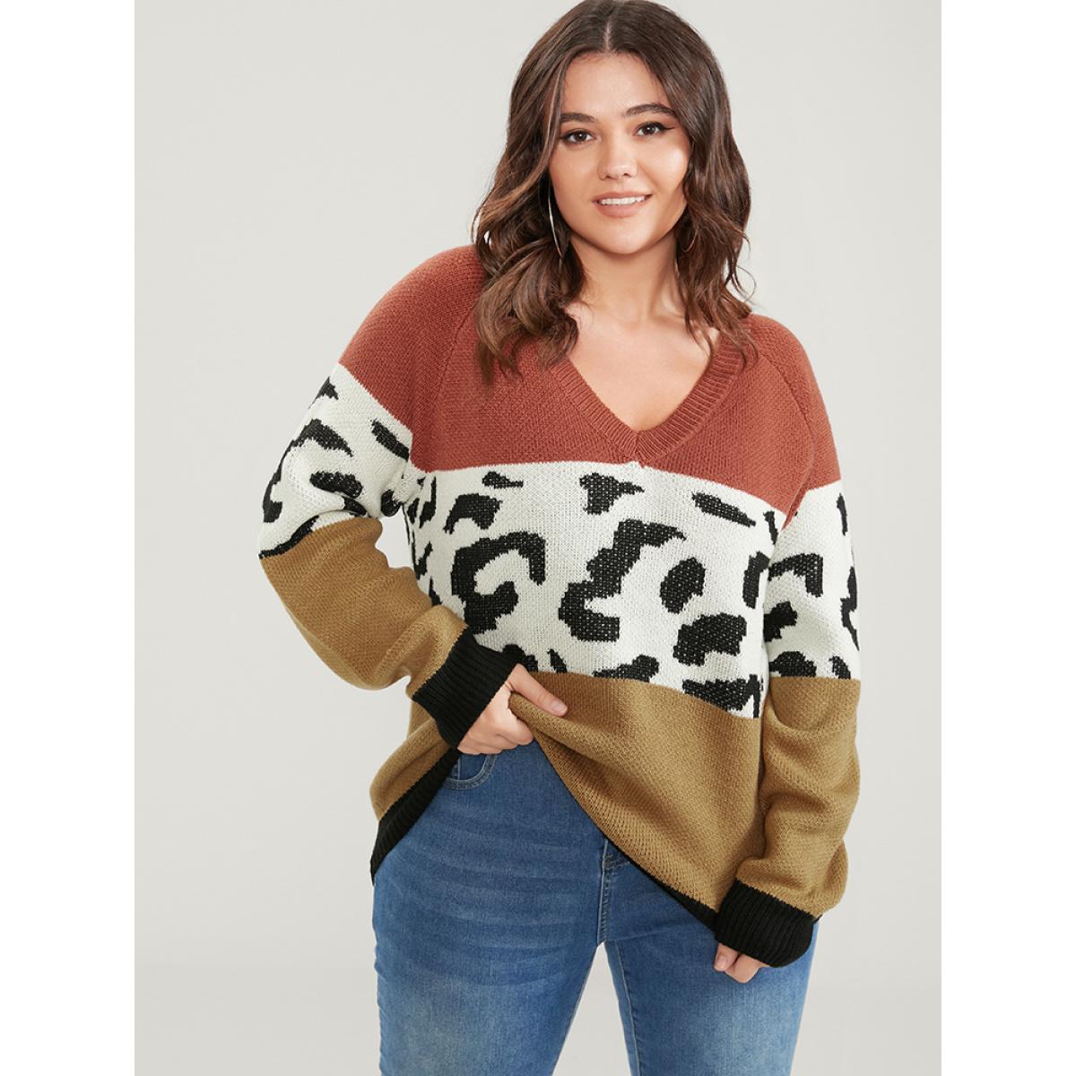 Plus Size Leopard Colorblock Contrast Pointelle Knit V Neck Knit Top Multicolor Women Casual Loose Long Sleeve V-neck Dailywear Pullovers BloomChic 18-20/2X Product Image