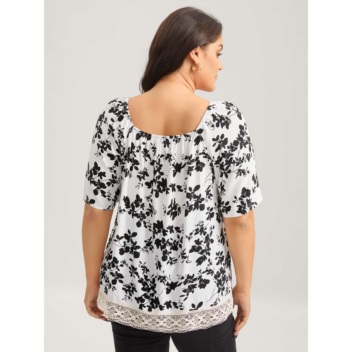 Plus Size WhiteSmoke Silhouette Floral Lace Detail Blouse Women Half Sleeve Square Neck Elegant Blouses BloomChic 26/4X Product Image