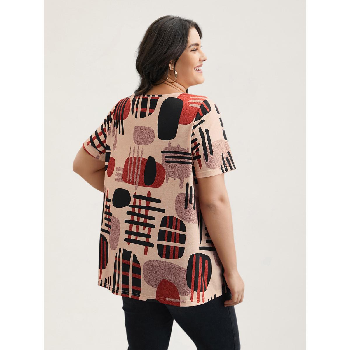 Plus Size Geometric Print Round Neck Fitted T-Shirt Multicolor Women Casual Contrast Round Neck Everyday T-shirts BloomChic 30/6X Product Image