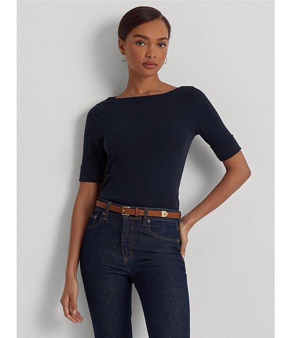 Lauren Ralph Lauren Stretch Cotton Blend Boat Neck Short Rolled Sleeve Shirt Product Image