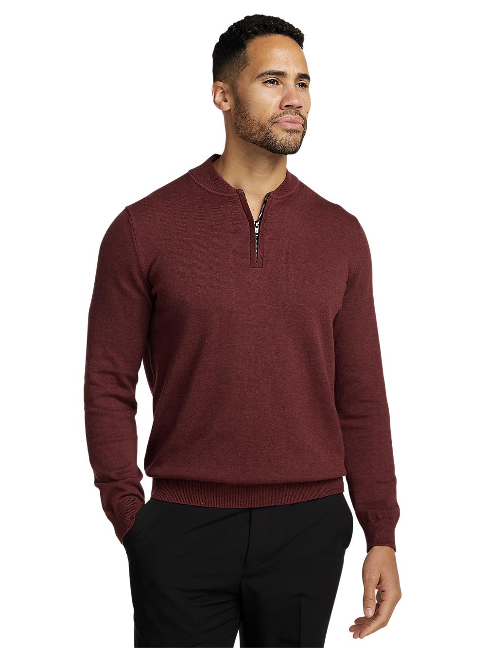 Cotton Quarter Zip Mock Neck Sweater - Burgundy Product Image