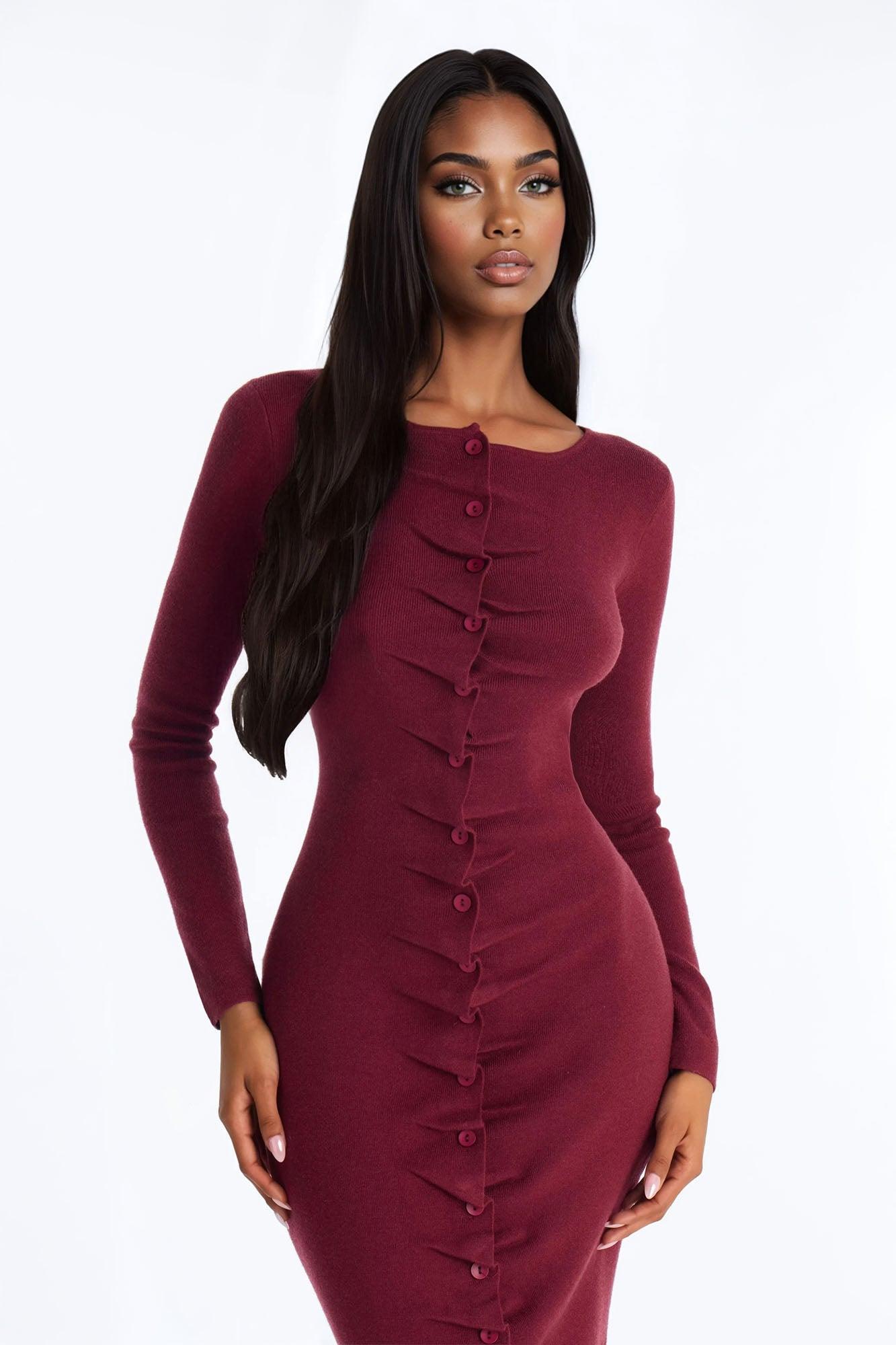 Jaime Sweater Button Up Midi Dress - Burgundy Female Product Image
