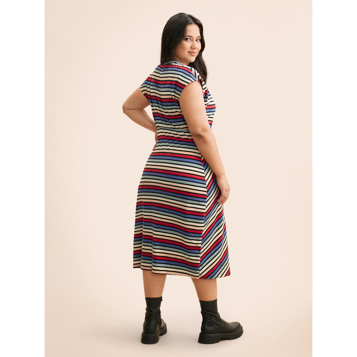 Plus Size Colored Striped Tie Knot Cap Sleeve Dress Multicolor Women Casual Tie knot Boat Neck Cap Sleeve Curvy BloomChic 30/6X Product Image