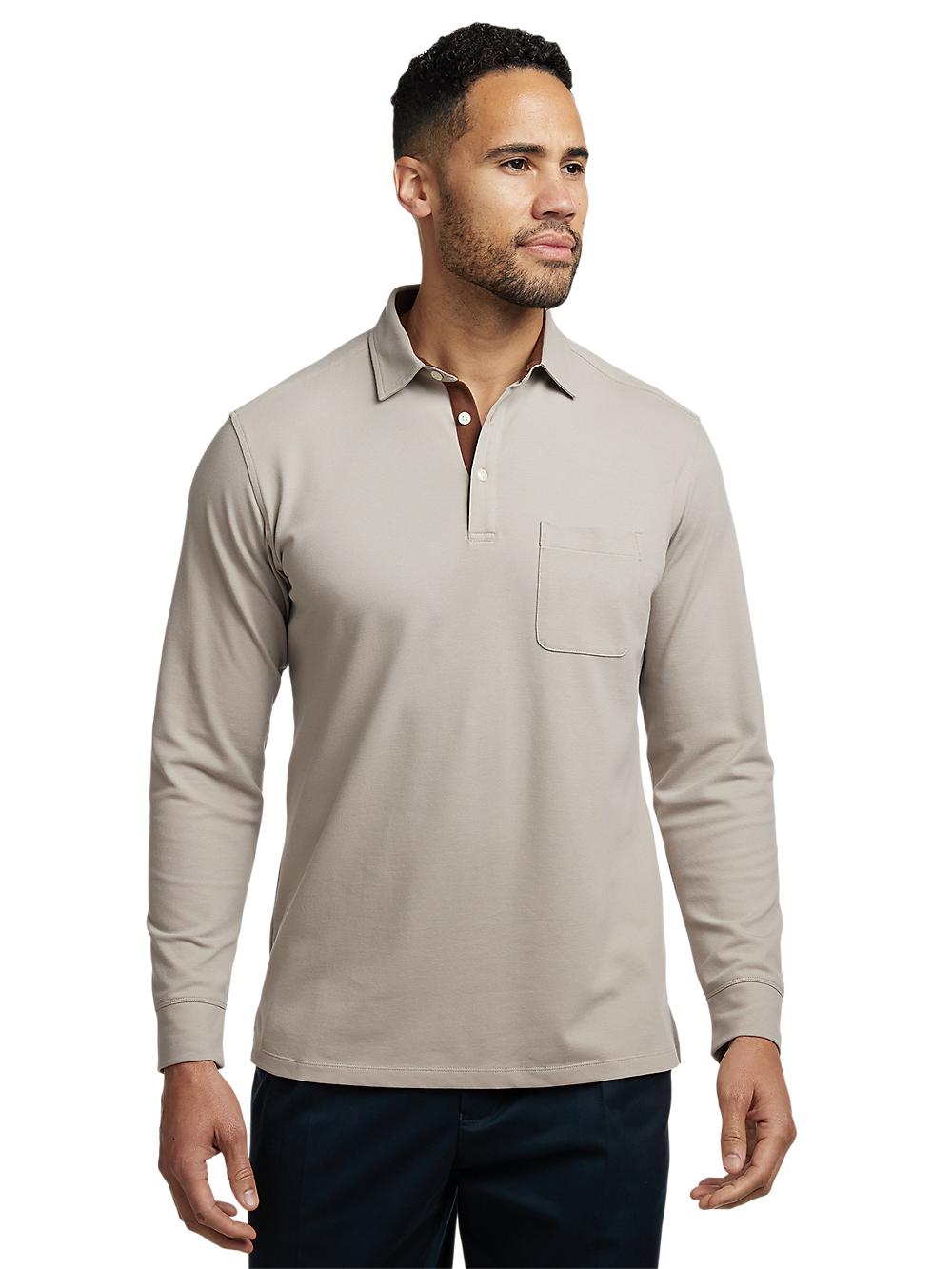Cotton/Spandex Pique Three Button Polo - Taupe Product Image