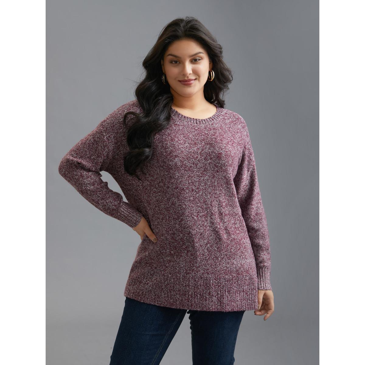 Plus Size Texture Bowknot Cut Out Slit Hem Pullover Plum Women Leisure Loose Long Sleeve Round Neck Casual Pullovers BloomChic 30/6X Product Image