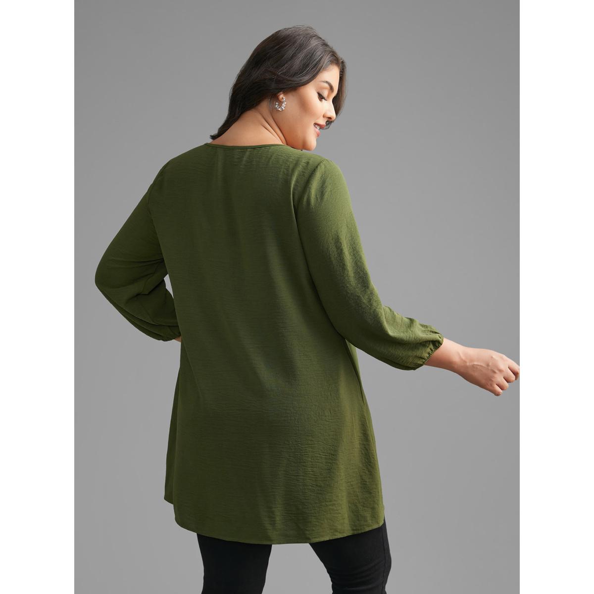 Plus Size ArmyGreen Woven Ribbon Tie Knot Gathered Blouse Women Elegant Elbow-length sleeve V-neck Everyday Blouses BloomChic 14-16/1X Product Image